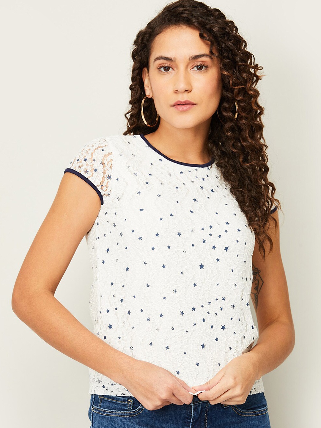 

Fame Forever by Lifestyle Women White & Navy Blue Self Design Short Sleeves Top