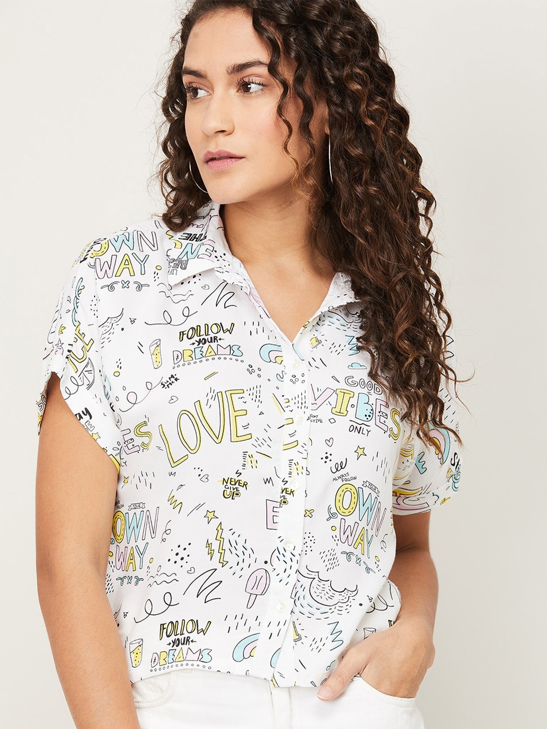

Ginger by Lifestyle White & Yellow Typography Print Extended Sleeves Crop Shirt Style Top