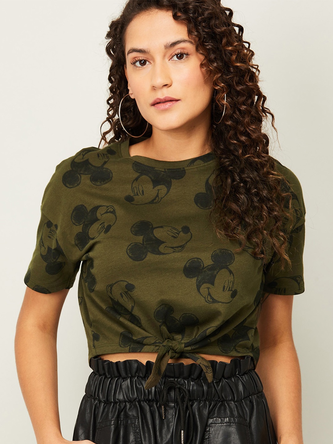 

Ginger by Lifestyle Olive Green Mickey Mouse Printed Crop Top