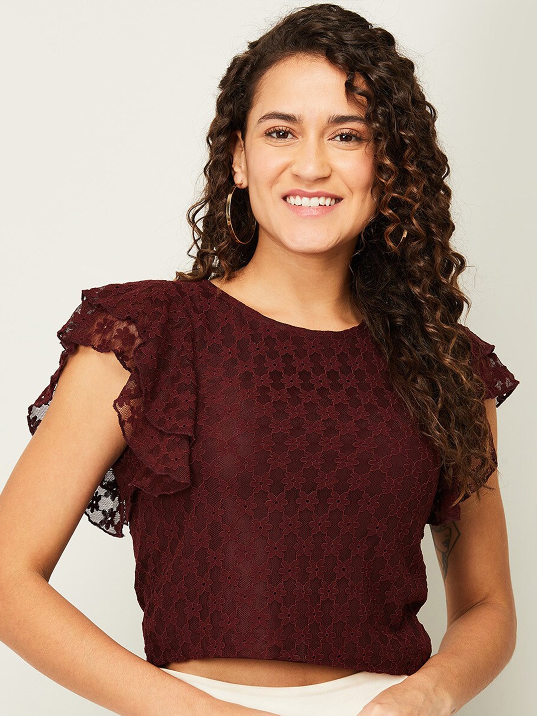 

Ginger by Lifestyle Women Red Self Design Flutter Sleeves Crop Top