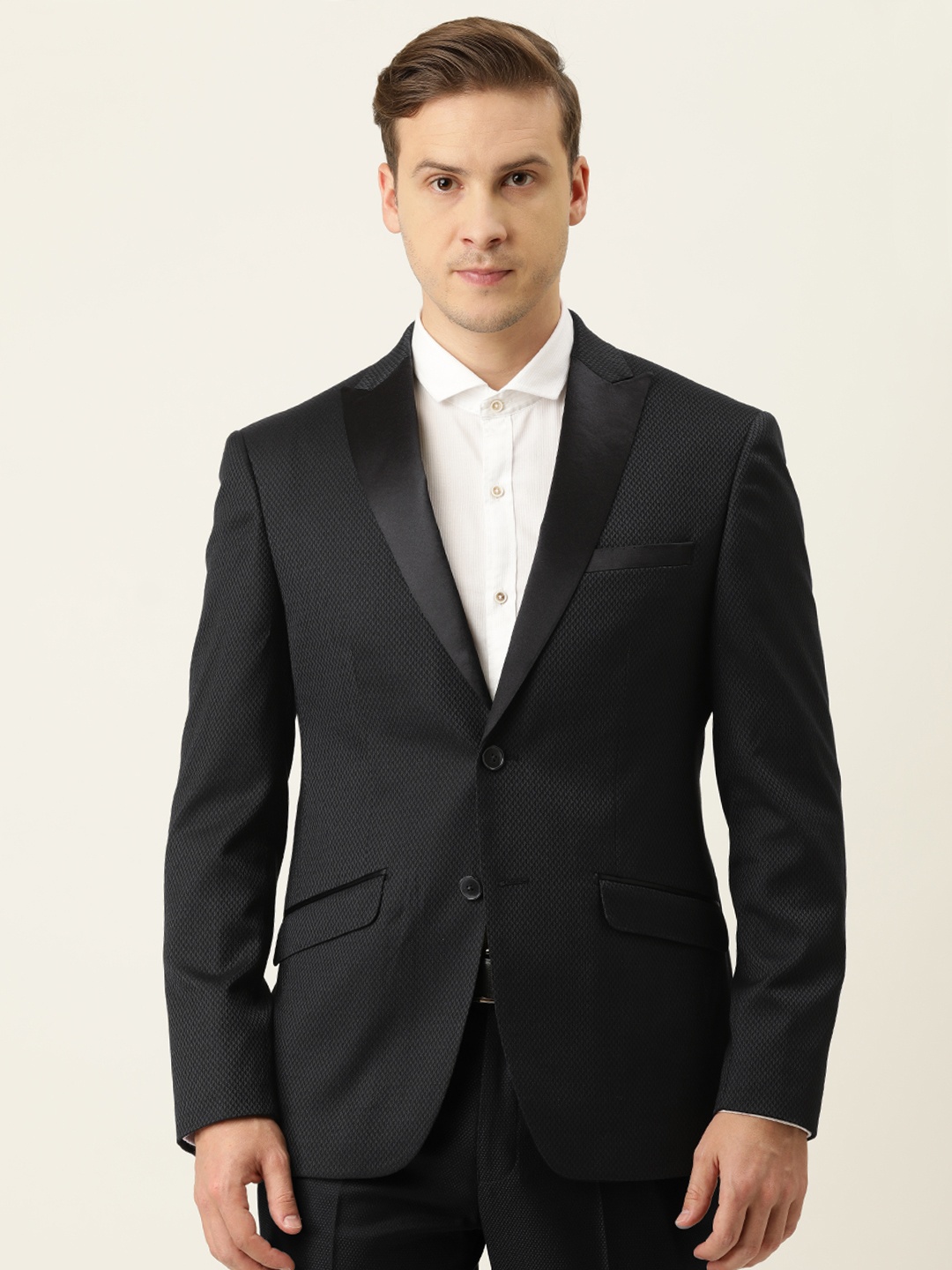 

Peter England Men Black & Grey Neo Slim Fit Self Design Single-Breasted Formal Blazer