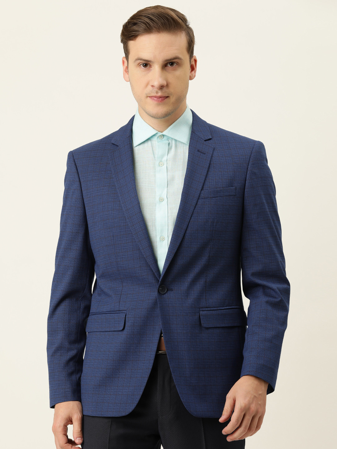 

Peter England Men Blue CHecked Neo Slim Fit Single Breasted Formal Blazers