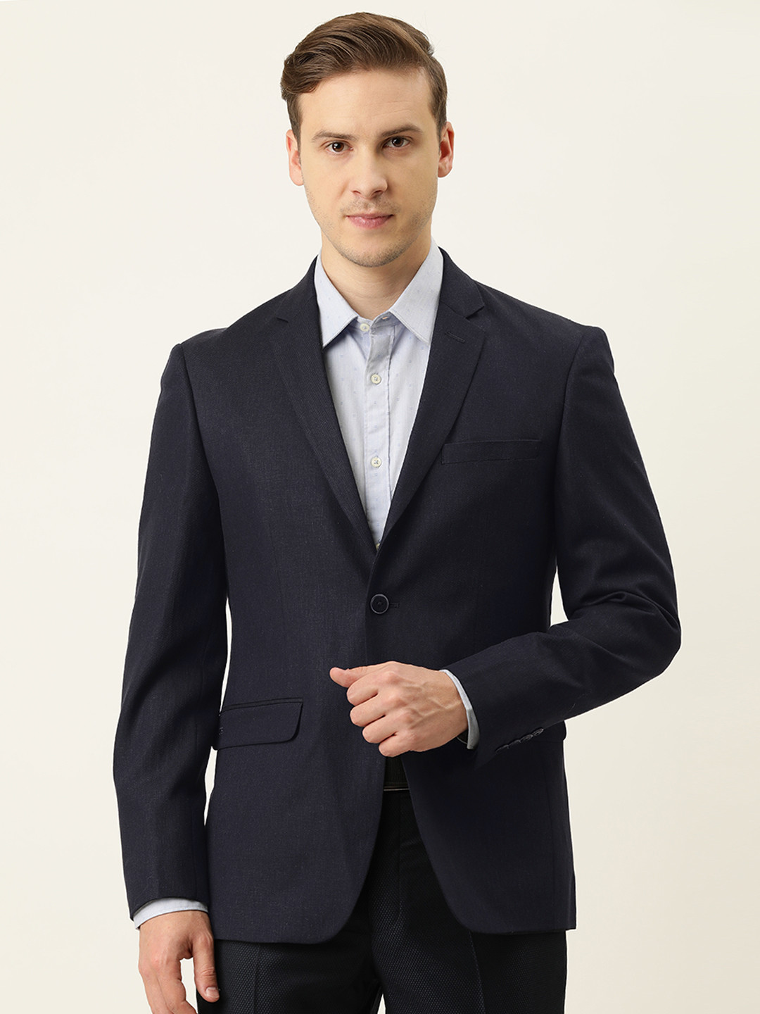 

Peter England Men Navy Blue Solid Slim Fit Single-Breasted Formal Blazer