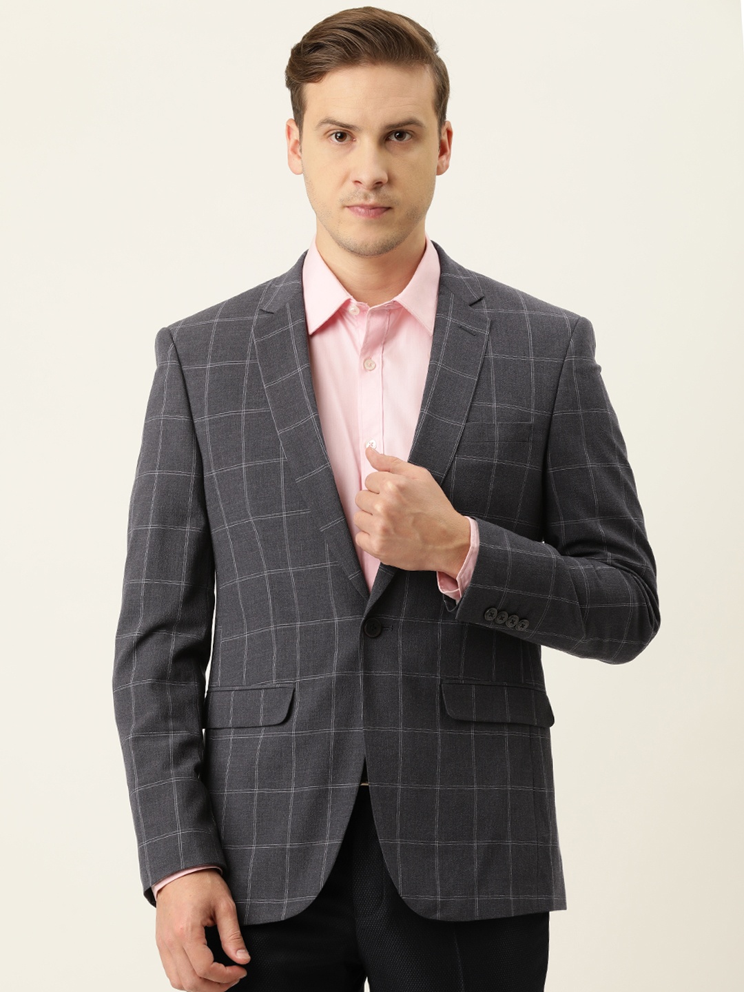 

Peter England Men Charcoal Black & White Checked Neo Slim Fit Single Breasted Blazers