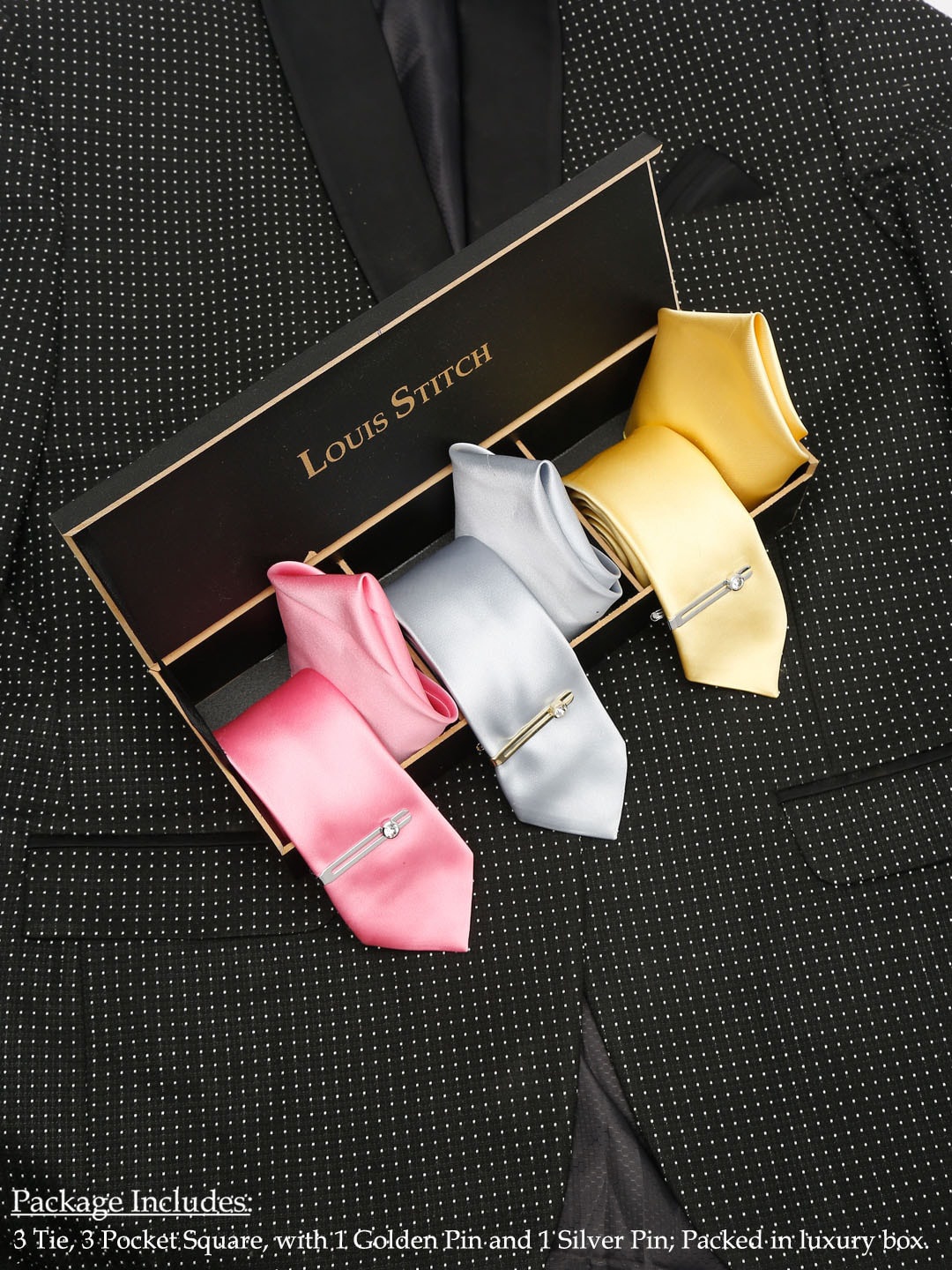 

LOUIS STITCH Men Pack of 3 Italian Silk Tie Gift Set, Pink