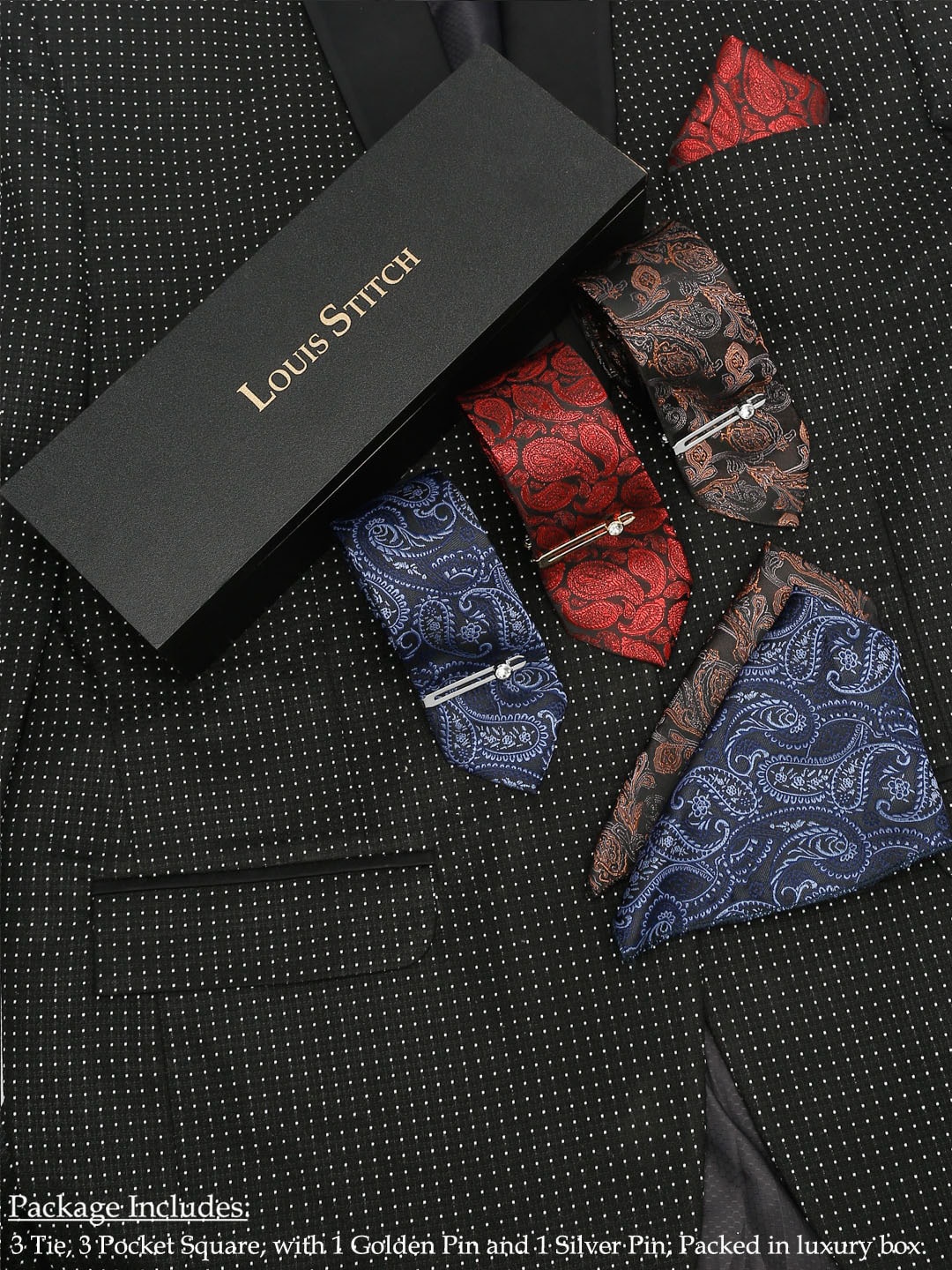 

LOUIS STITCH Men Brown & Red Printed Italian Silk Accessory Gift Set