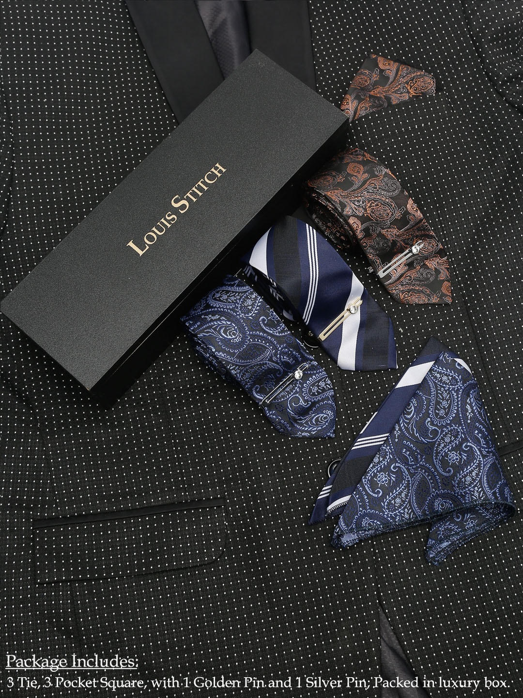 

LOUIS STITCH Men Blue,Pink & Light Blue Necktie Combo With Pocket Square And Tie Pin, Brown