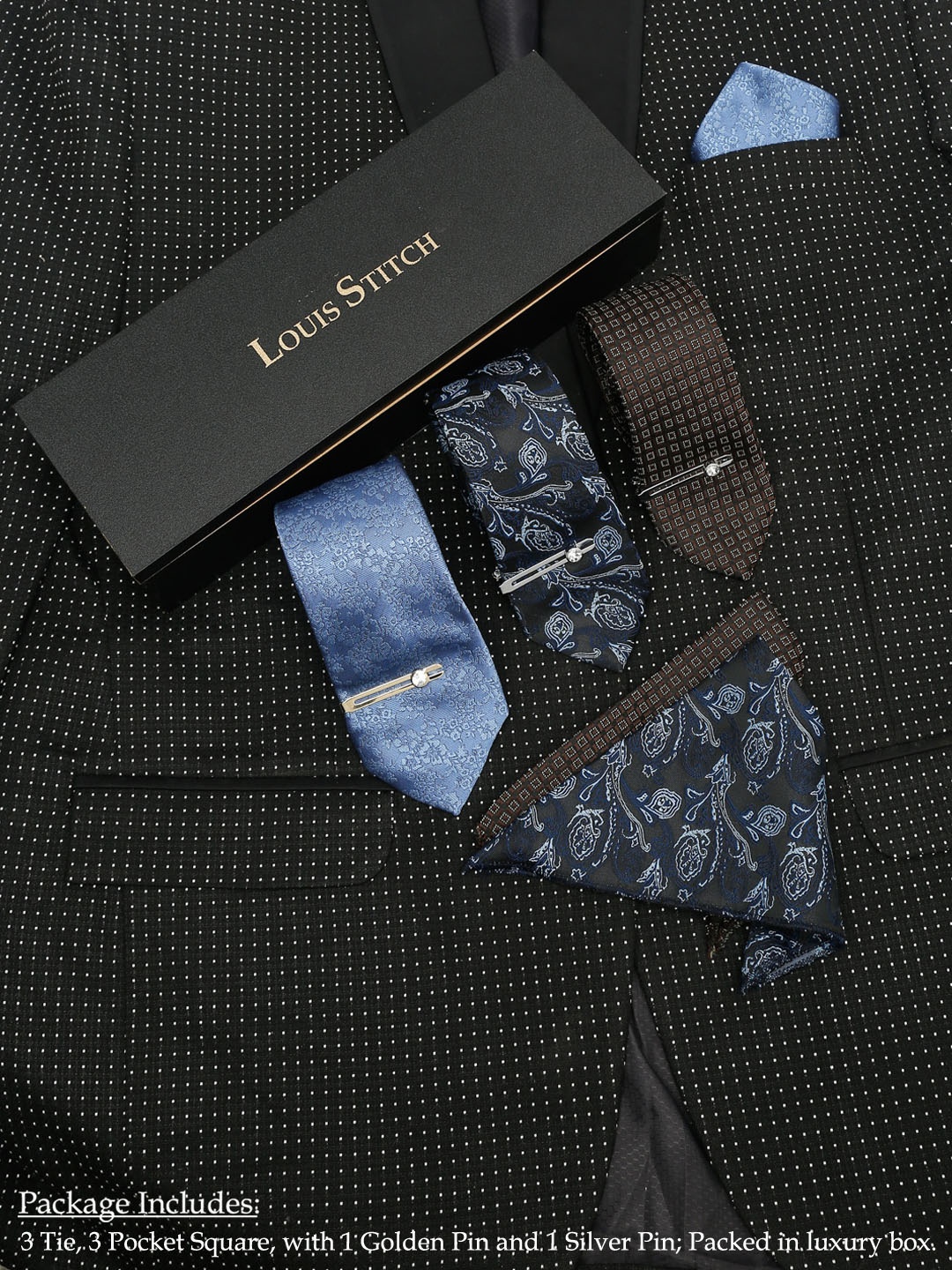 

LOUIS STITCH Men Pack of 3 Italian Silk Tie Gift Set, Brown