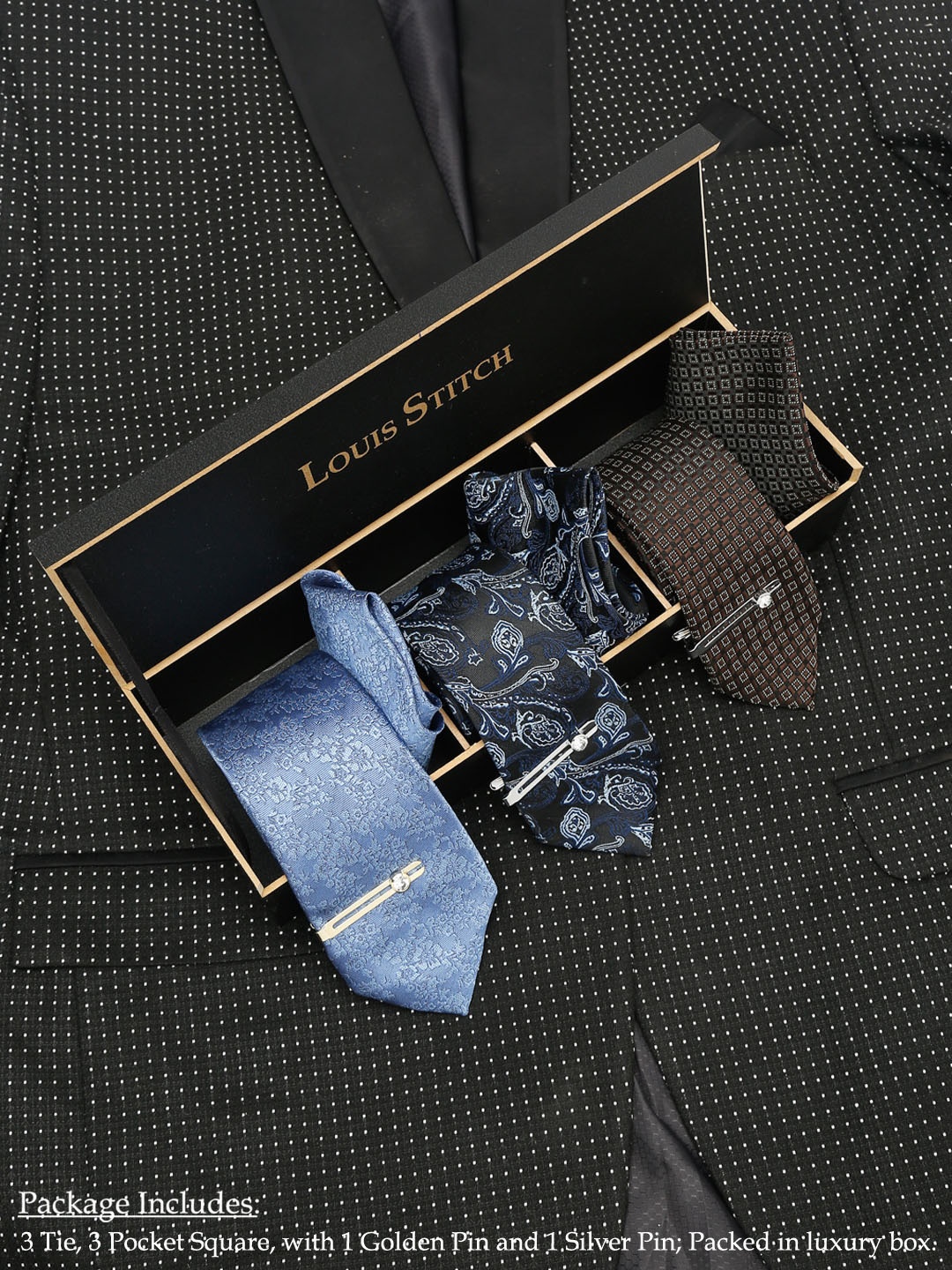 

LOUIS STITCH Men Brown & Blue Printed Italian Silk Accessory Gift Set