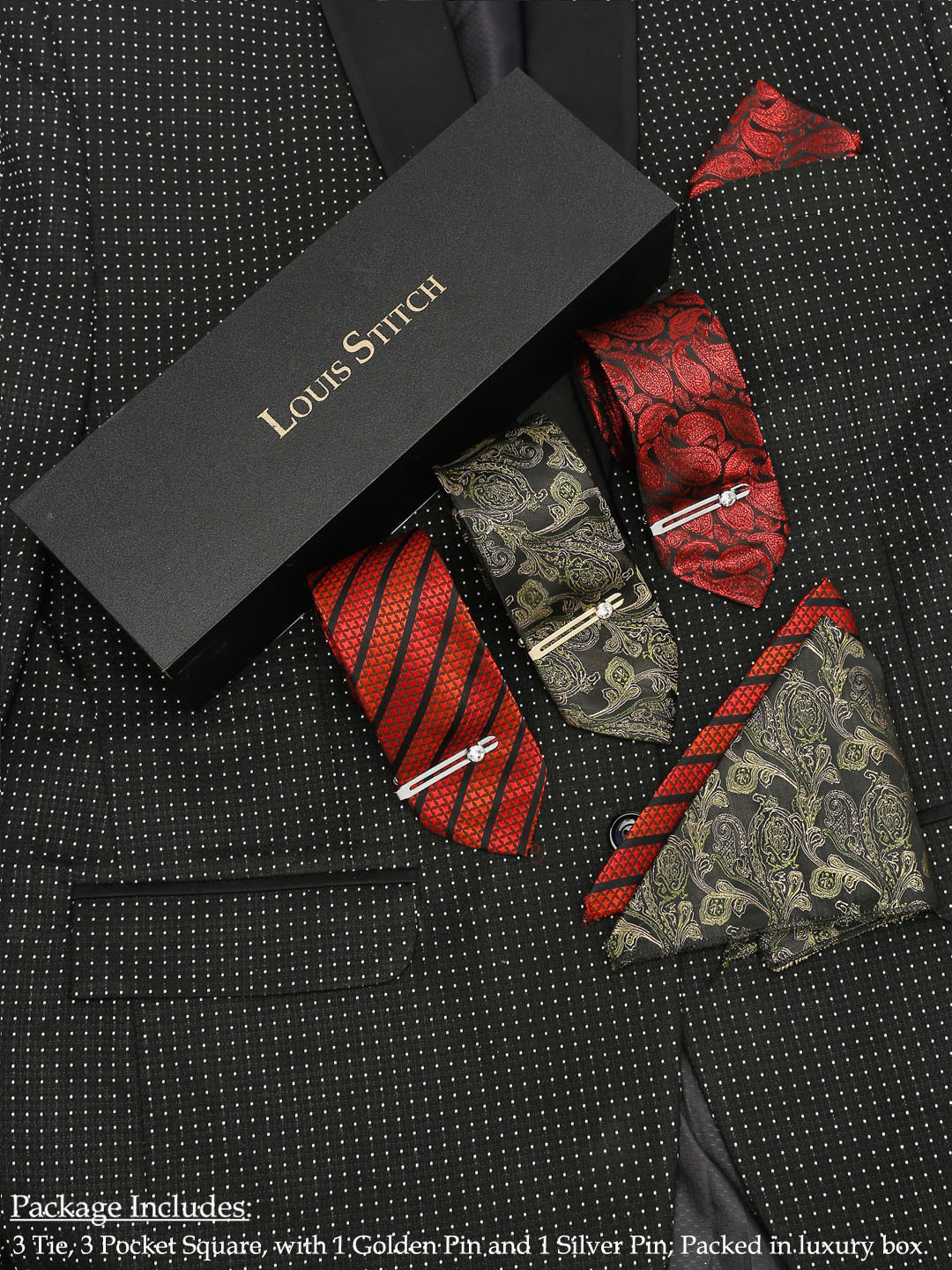 

LOUIS STITCH Men Blue,Pink & Light Blue Necktie Combo With Pocket Square And Tie Pin, Red