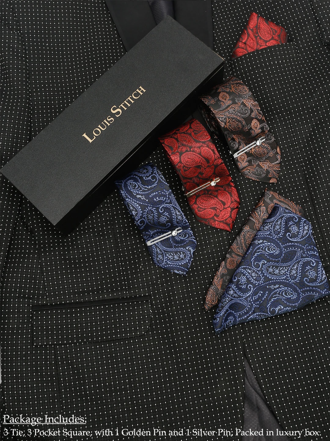 

LOUIS STITCH Men Pack of 3 Italian Silk Tie Gift Set, Brown