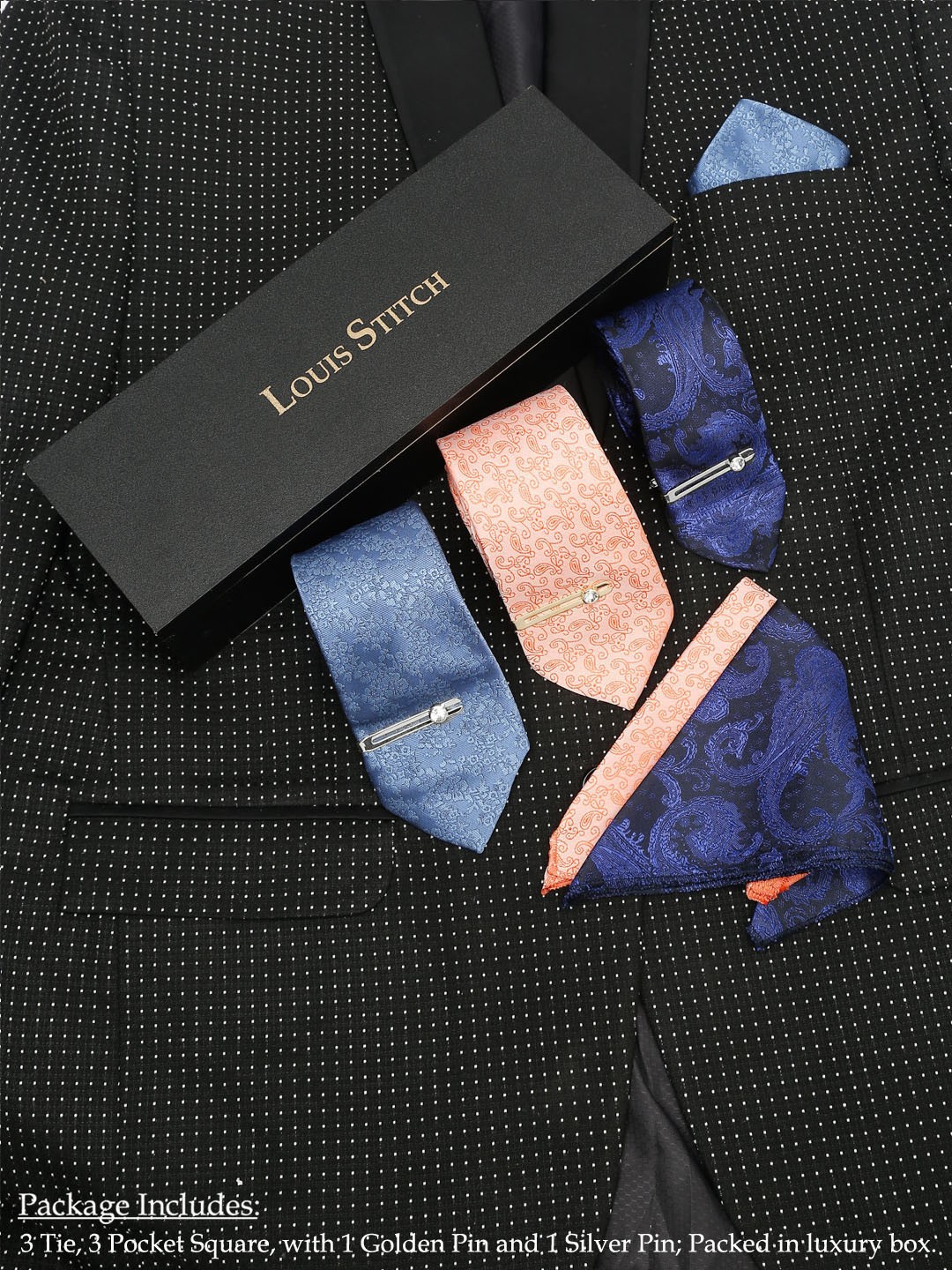

LOUIS STITCH Men Blue,Pink & Light Blue Necktie Combo With Pocket Square And Tie Pin