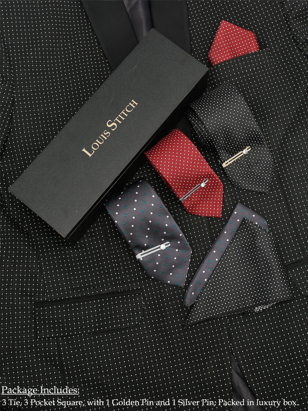 

LOUIS STITCH Men Set of 3 Italian Silk Necktie Combo With Pocket Square & 2 Tie Pins, Black