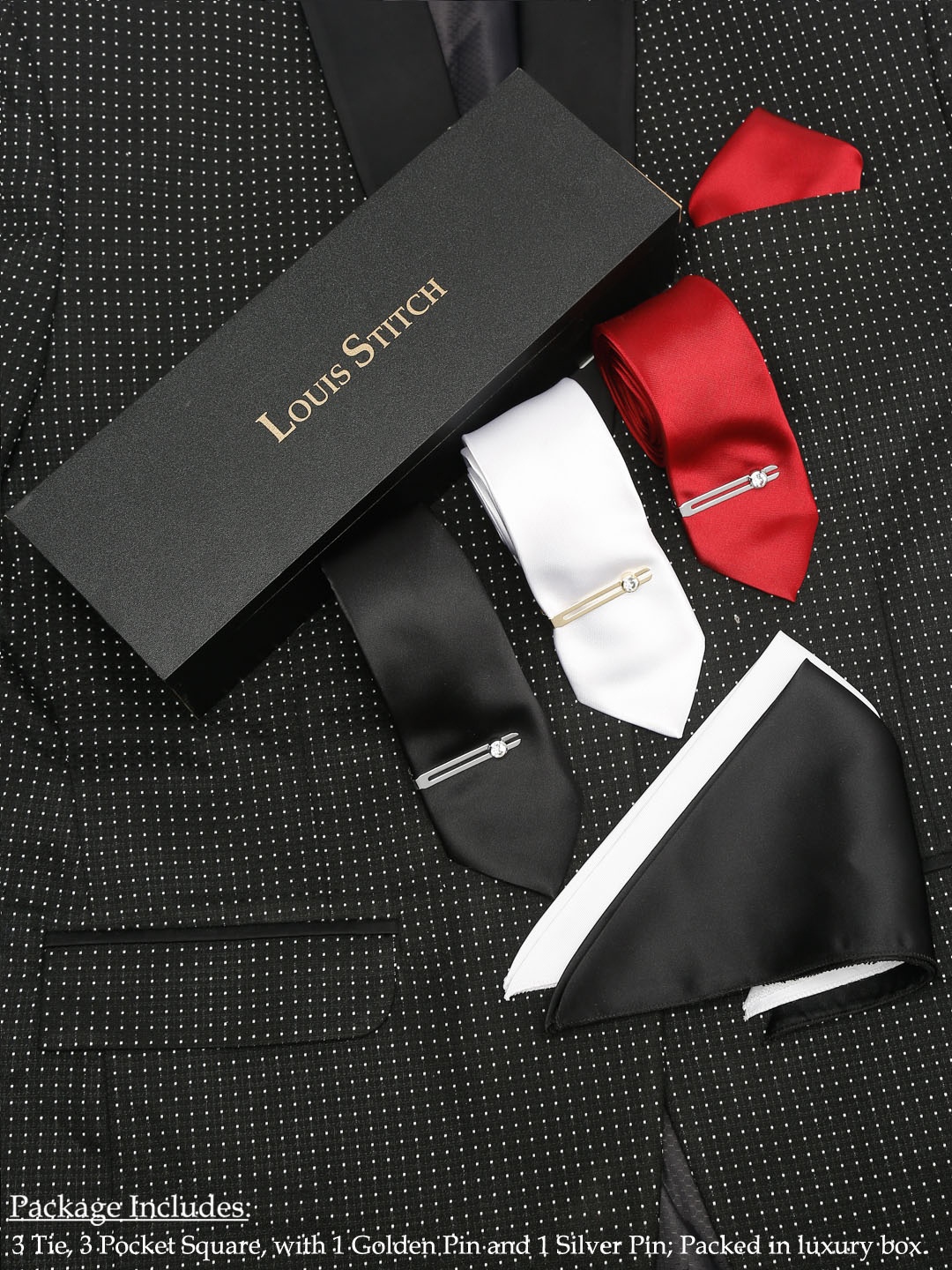 

LOUIS STITCH Men Pack of 3 Italian Silk Tie Gift Set, Black