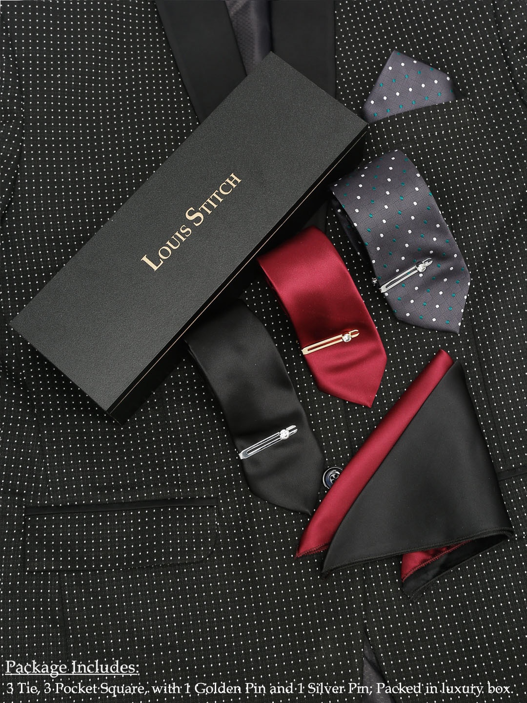 

LOUIS STITCH Men Pack of 3 Italian Silk Tie Gift Set, Black