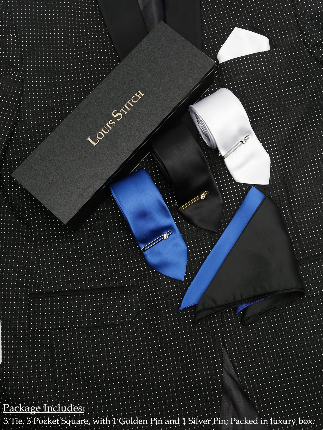

LOUIS STITCH Men Black, White & Blue Necktie Combo With Pocket Square And Tie Pin