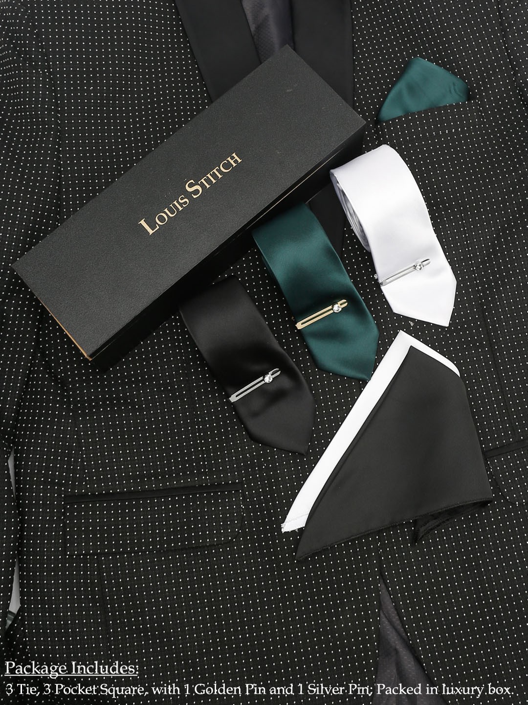 

LOUIS STITCH Men Set of 3 Italian Silk Necktie Combo With Pocket Square & 2 Tie Pins, Black