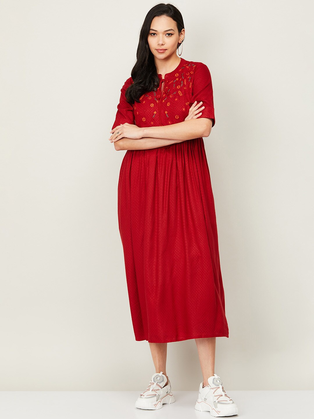 

Colour Me by Melange Red Self Design Tie-Up Neck Embroidered Detail Midi Dress