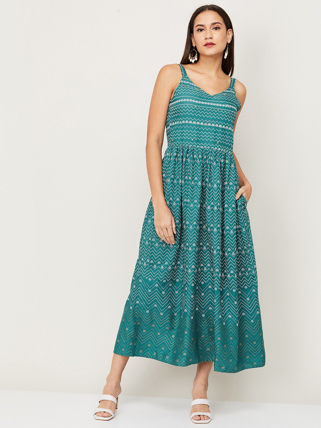 

Colour Me by Melange Teal Green Chevron Printed Ethnic Maxi Midi Dress