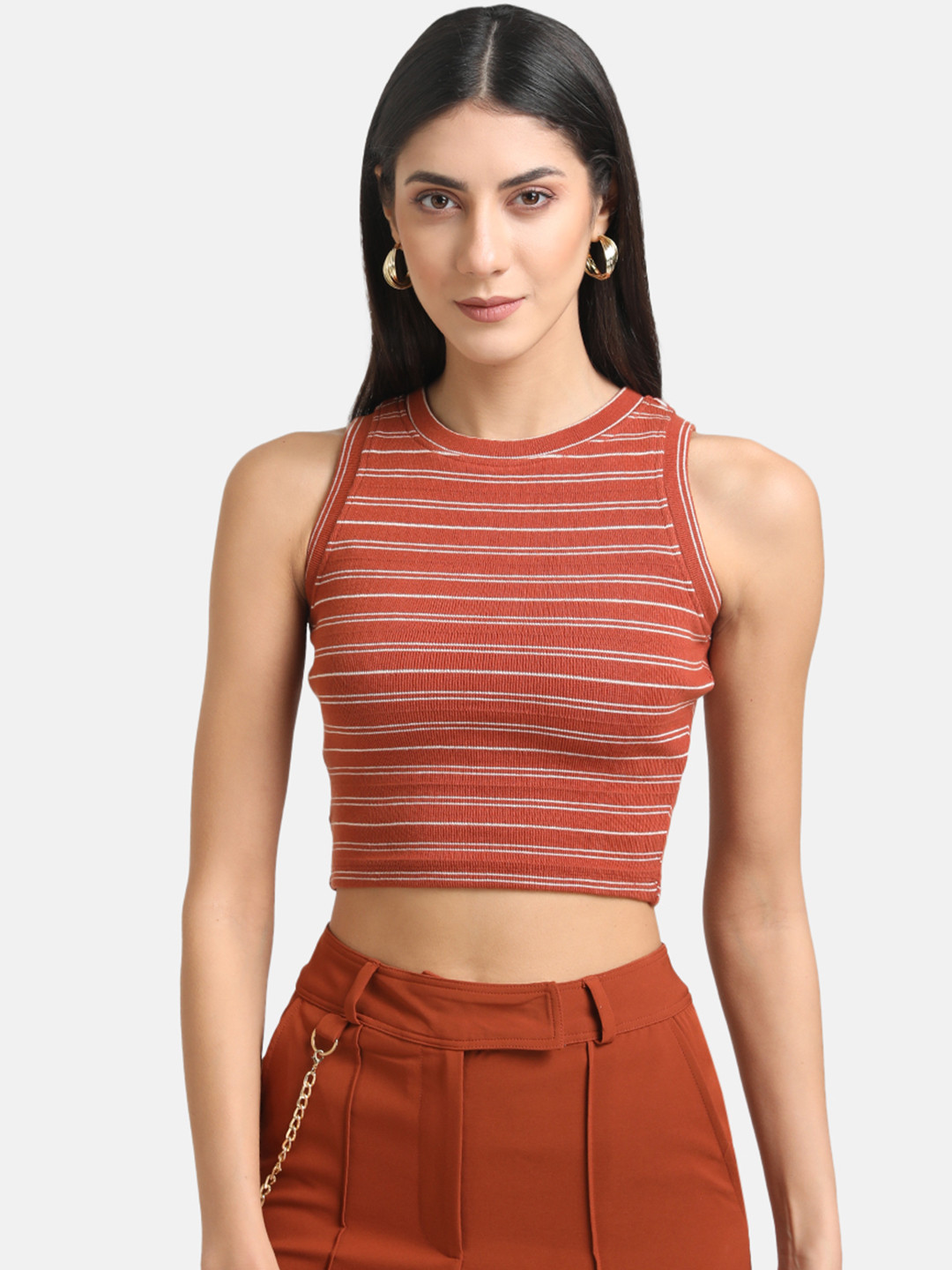 

Kazo Women Rust & White Striped Round Neck Fitted Crop Top