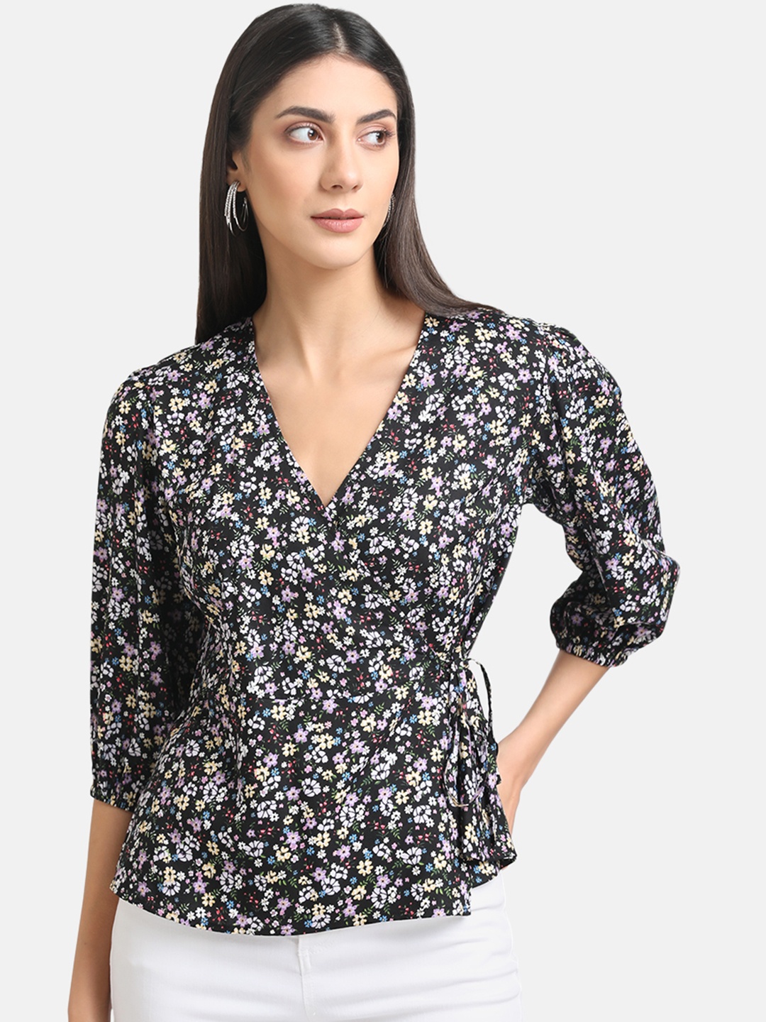 

Kazo Black Floral Printed Wrap Top