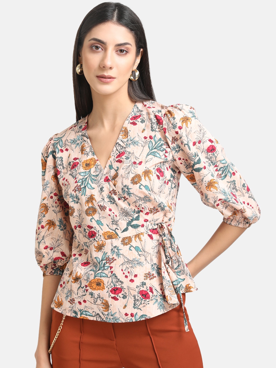 

Kazo Women Beige Floral Print Wrap Top
