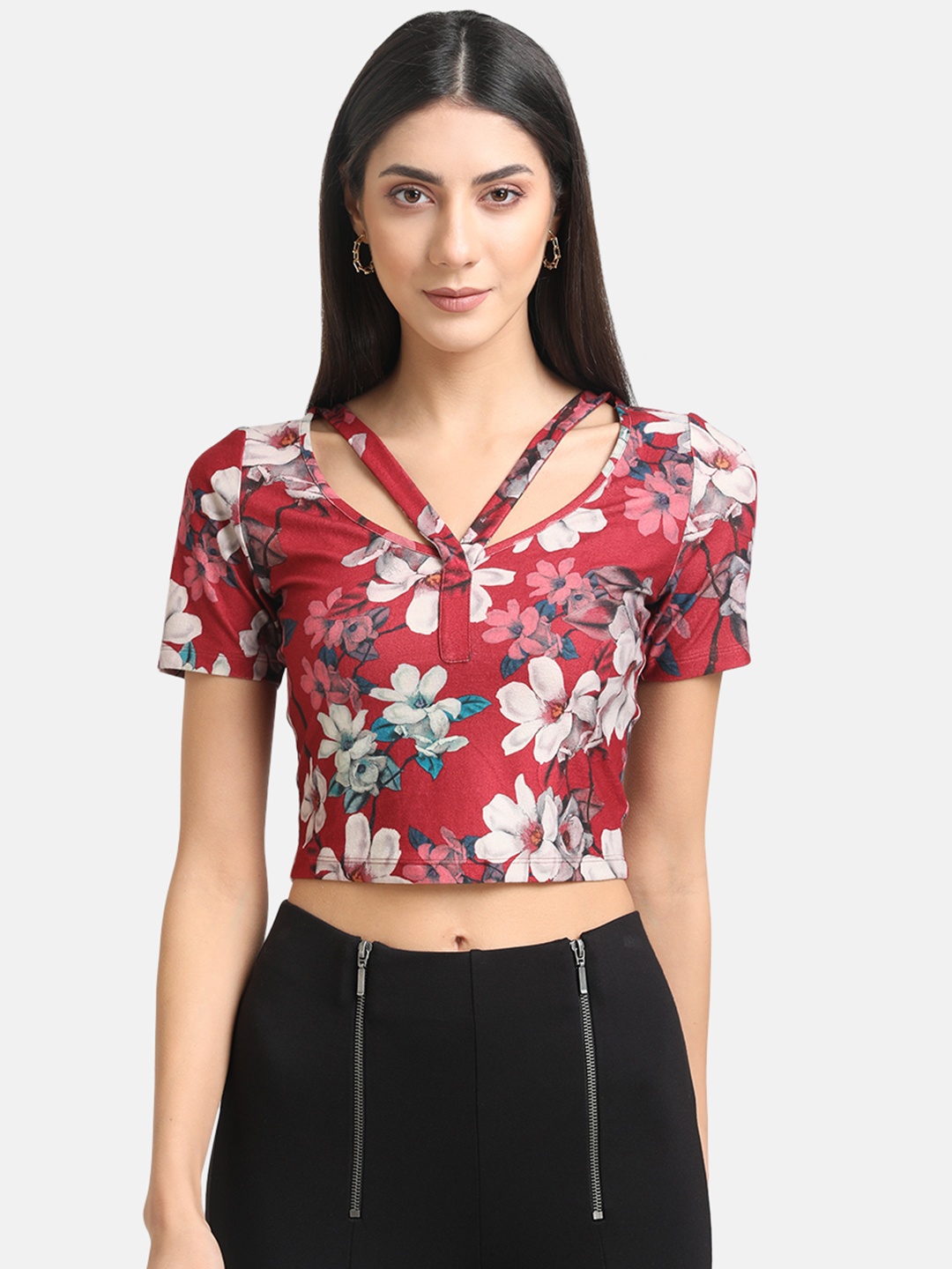

Kazo Red & White Floral Print Suede Crop Top