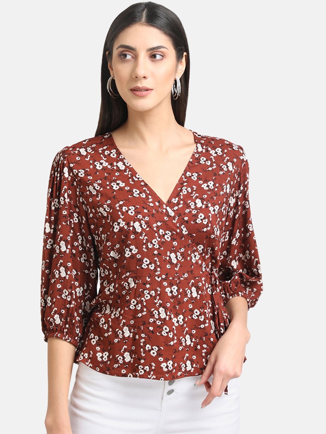 

Kazo Brown Floral Print Wrap Top