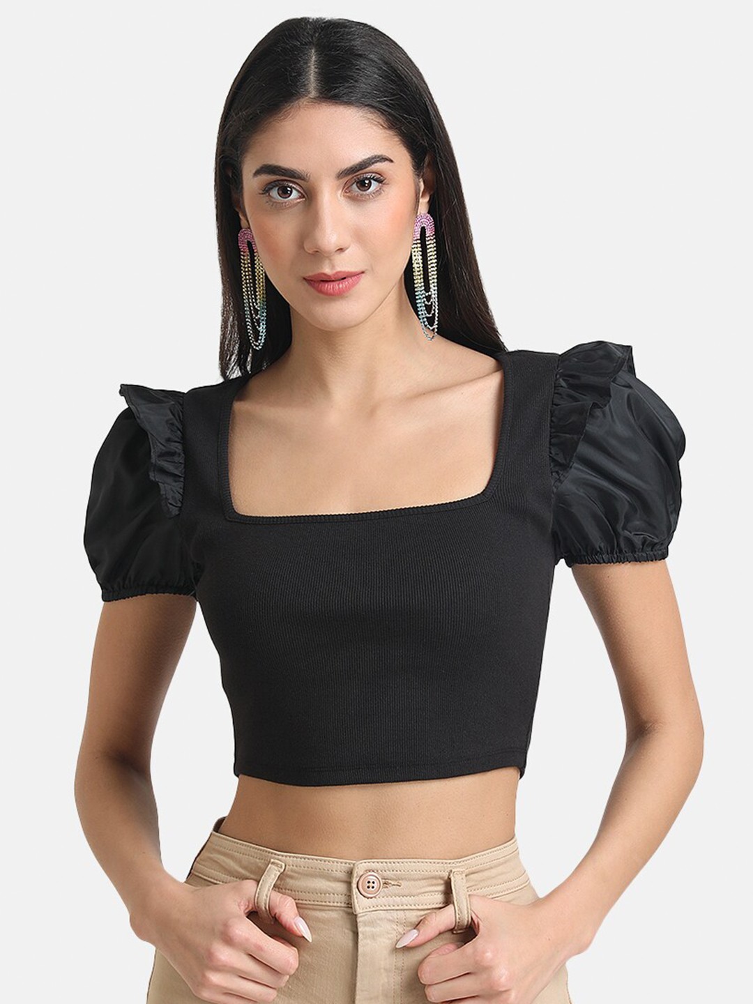 

Kazo Women Black Puff Sleeved Fitted Crop Top