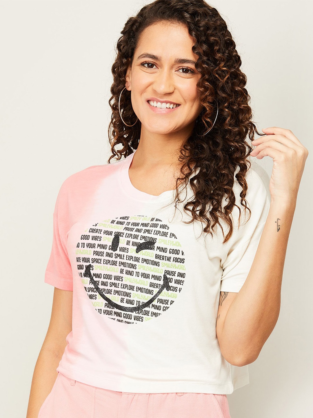 

SmileyWorld Pink & White Typography Print Crop Top