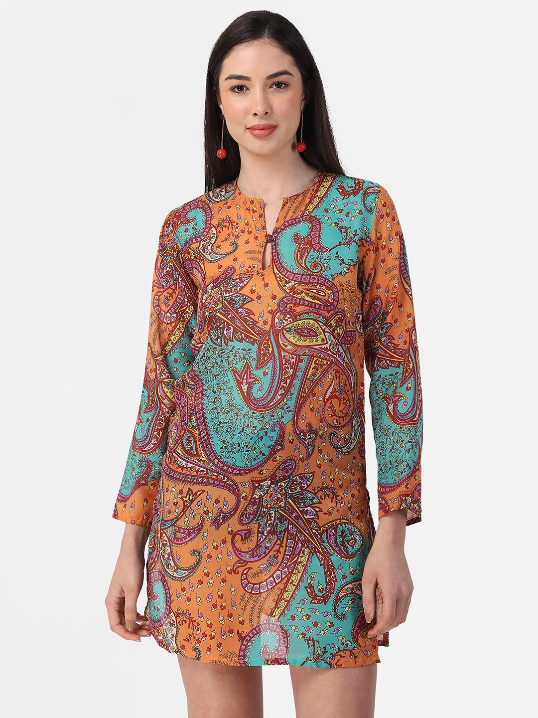 

Aditi Wasan Women Peach & Turquoise Blue Ethnic Motifs Printed Tunic