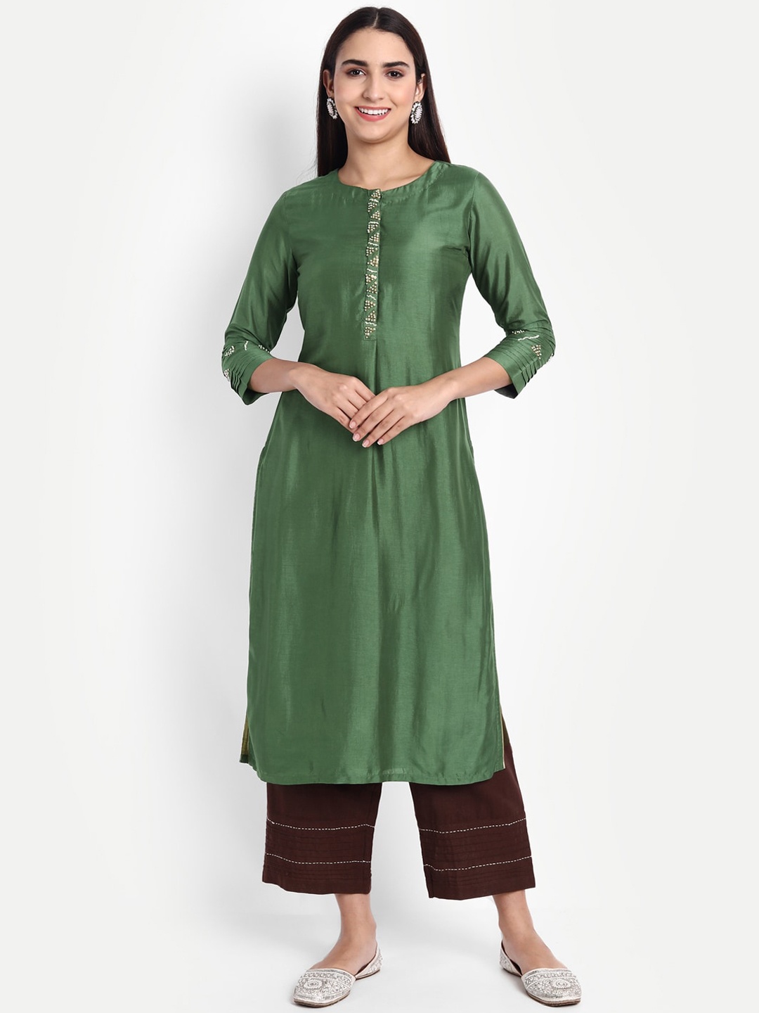 

fabGLOBAL Women Green & Brown Pure Silk Kurta with Palazzos