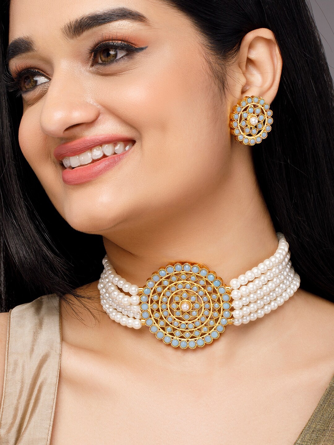 

Anouk Gold-Toned Blue Stone-Studded & Beaded Jewellery Set