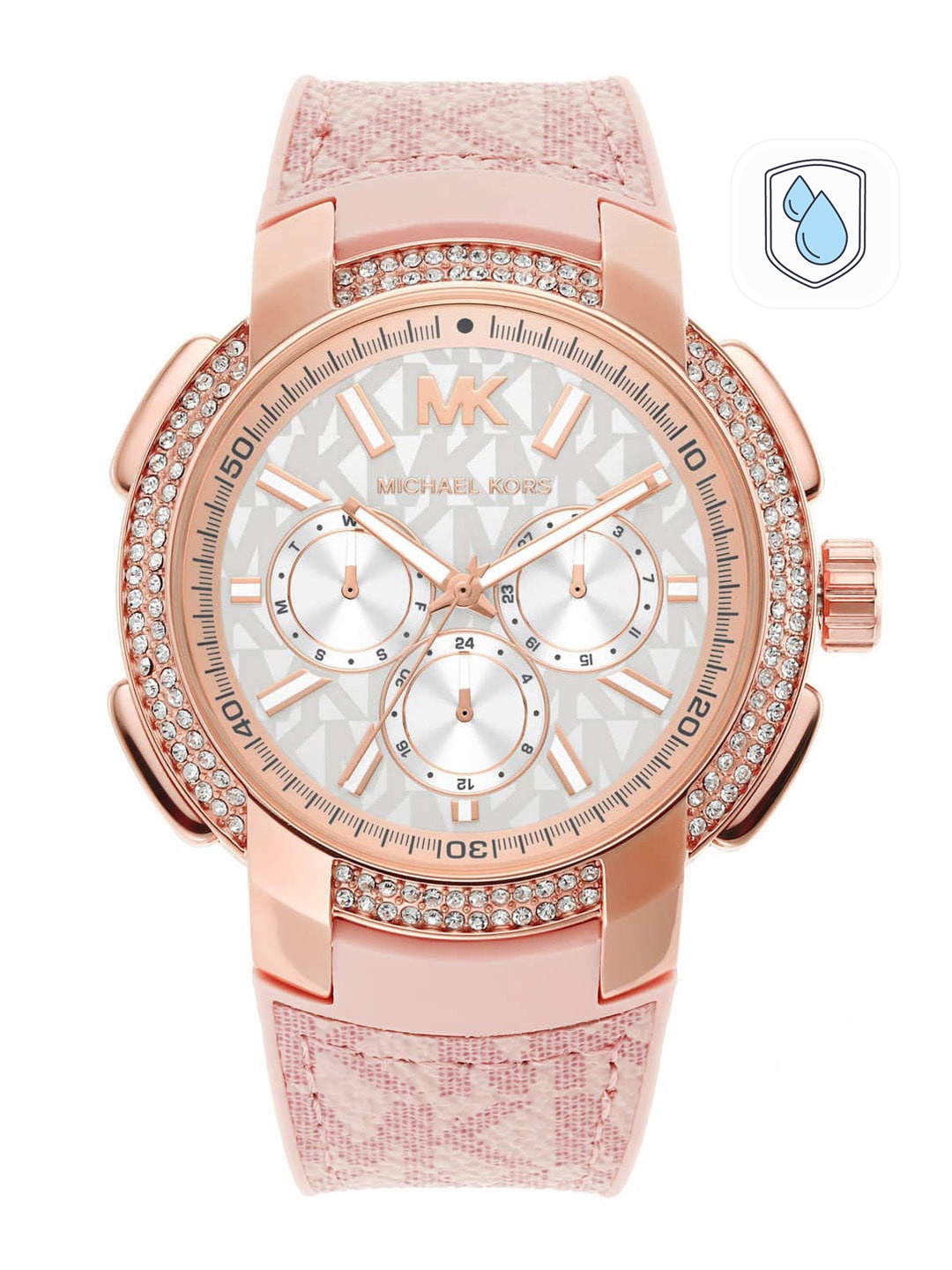 

Michael Kors Women White Embellished Dial & Pink Textured Straps Analogue Watch MK7222-
