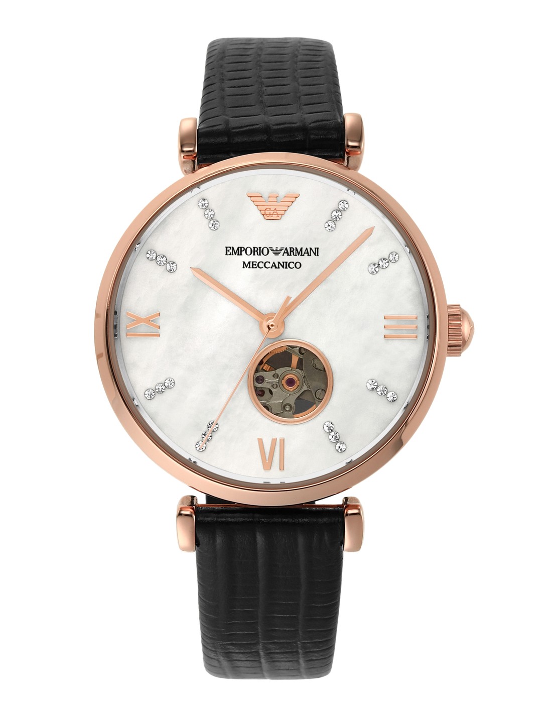 

Emporio Armani Women Black Embellished Dial & Black Leather Straps Analogue Automatic Motion Powered Watch