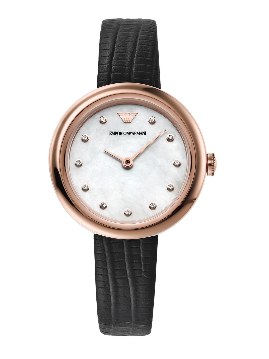 

Emporio Armani Women Rose Gold Dial & Black Leather Straps Analogue Wrist Watch