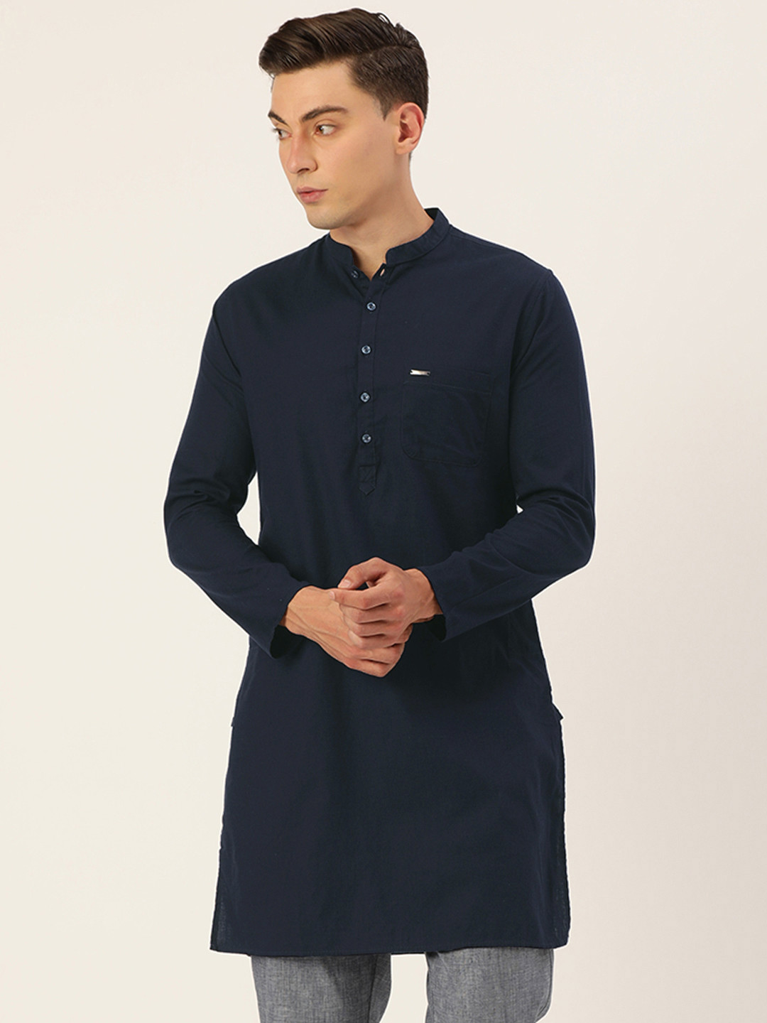 

Peter England Men Navy Blue Solid Mandarin Collar Kurta