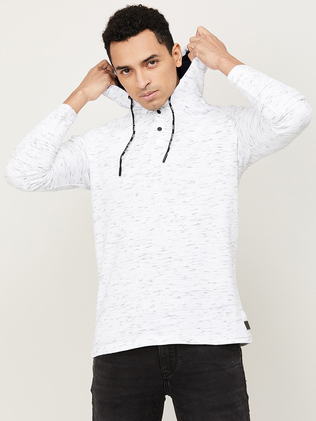 

Bossini Men White & Black Printed Hooded Cotton T-shirt