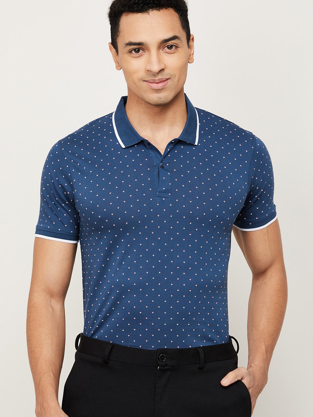 

CODE by Lifestyle Men Navy Blue Printed Polo Collar Cotton T-shirt