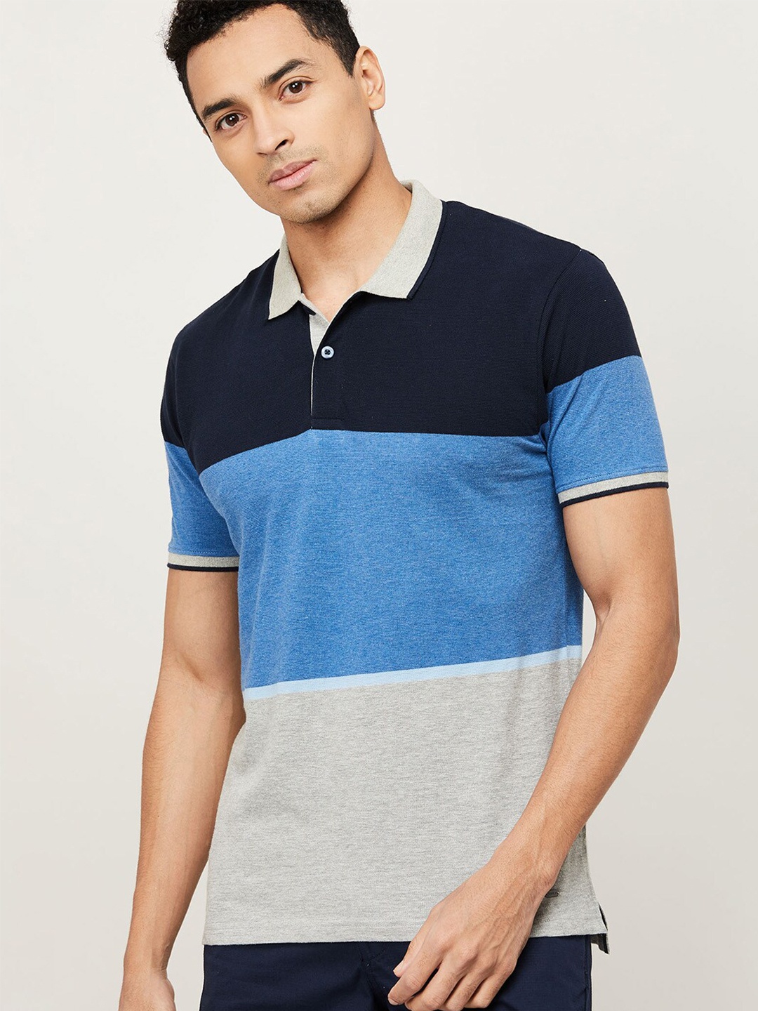 

CODE by Lifestyle Men Grey & Blue Colourblocked Polo Collar Cotton T-shirt