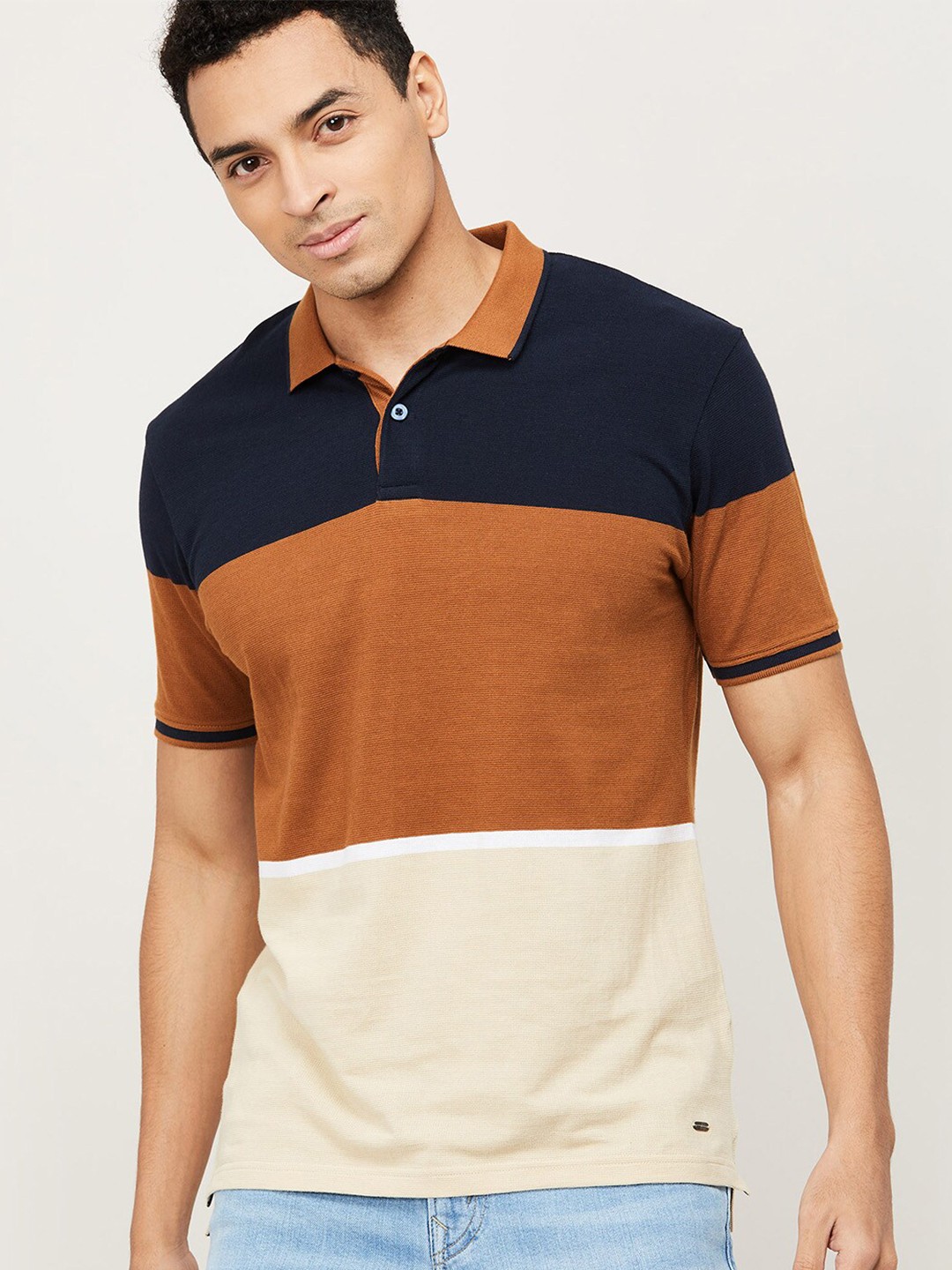 

CODE by Lifestyle Men Tan & Black Colourblocked Polo Collar Cotton T-shirt
