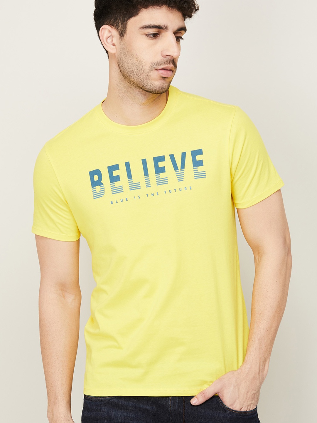 

Forca by Lifestyle Men Yellow & Blue Typography Printed T-shirt