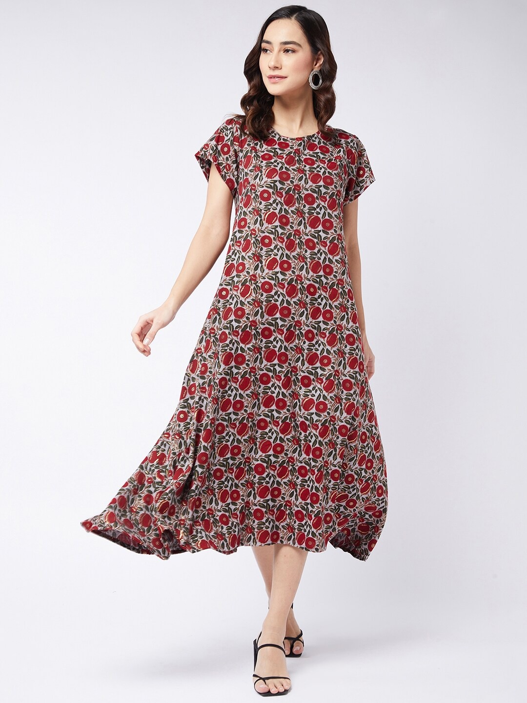 

InWeave Maroon Floral A-Line Midi Dress