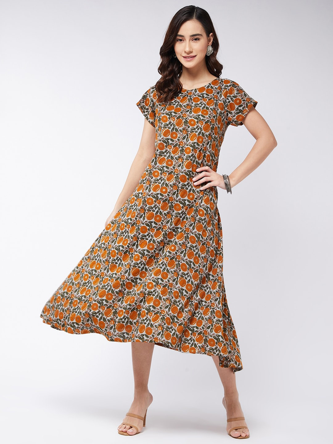

InWeave Grey & Mustard Yellow Floral Ethnic A-Line Midi Dress