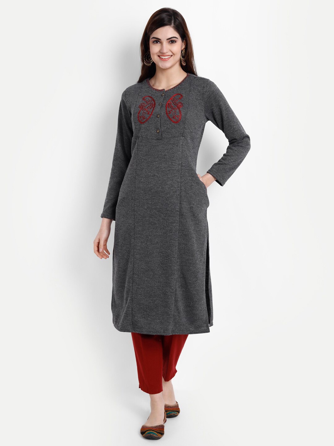 

SUTI Women Grey & Maroon Ethnic Motifs Embroidered Thread Work Thread Work Empire Kurti