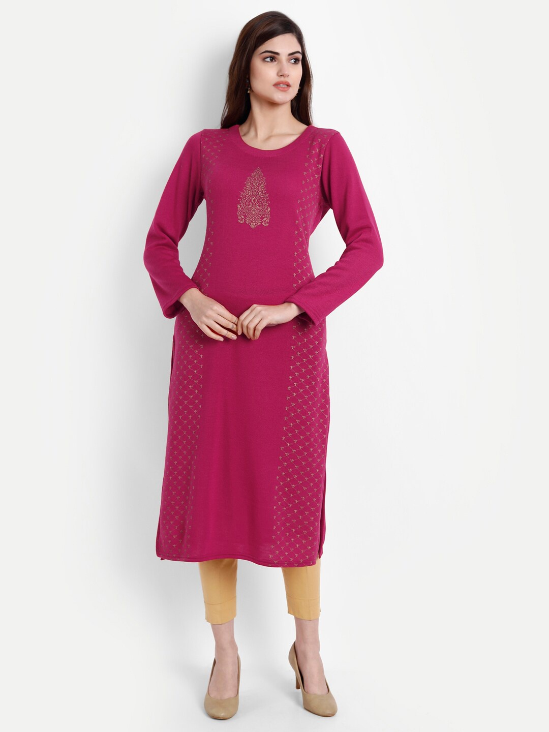 

SUTI Magenta & Gold-Toned Ethnic Motifs Foil Printed Winter Knitted Kurti