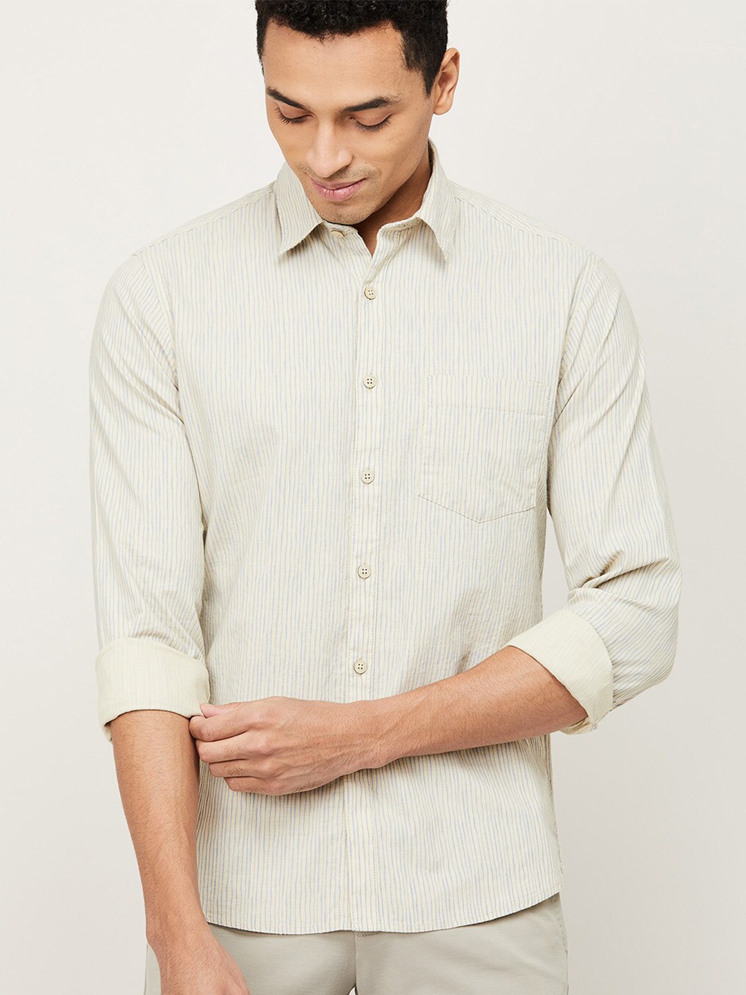 

CODE by Lifestyle Men Beige Slim Fit Striped Casual Cotton Shirt
