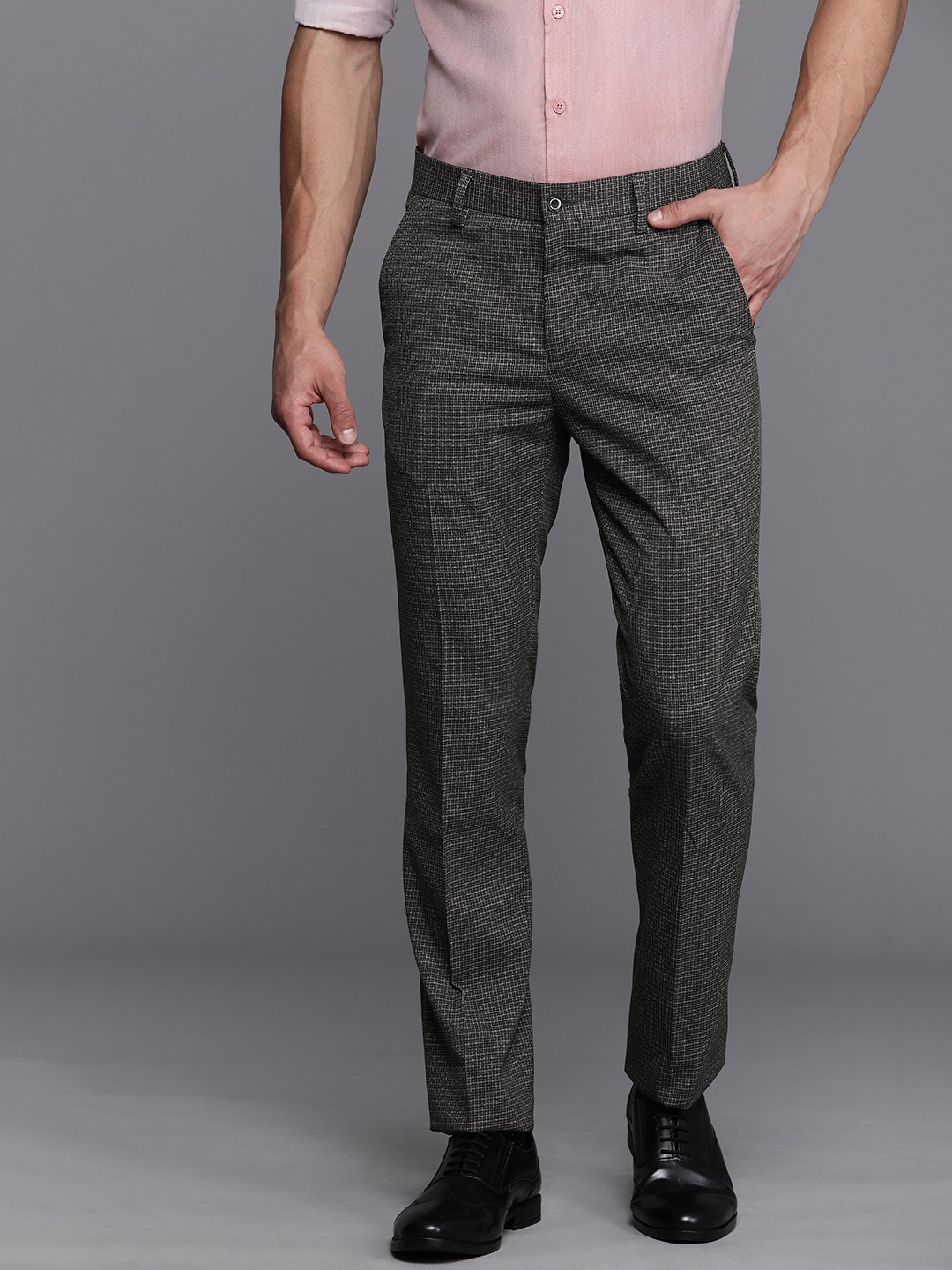 

Louis Philippe Men Grey Checked Slim Fit Trousers