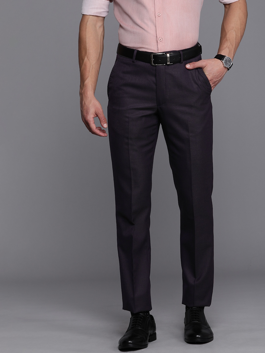 

Louis Philippe Men Purple Textured Slim Fit Trousers