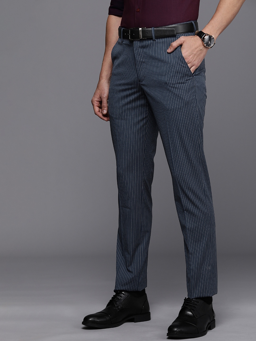 

Louis Philippe Men Navy Blue Striped Slim Fit Mid-Rise Formal Trousers